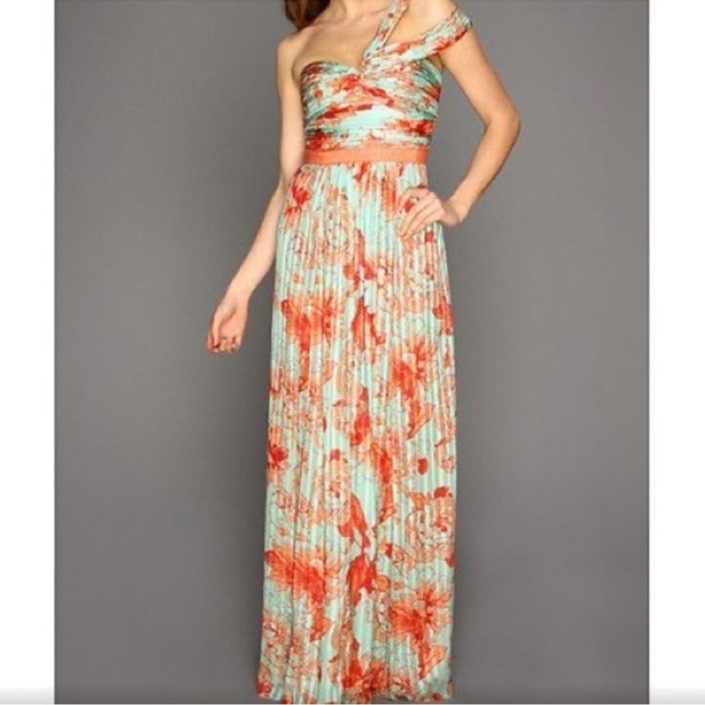 BCBGMaxAzria One Shoulder Floral Dress - Mint and Coral
